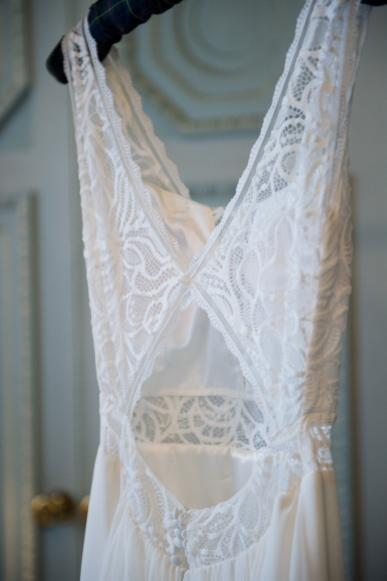 A bridal gown with a lace back designed by Fairytale London